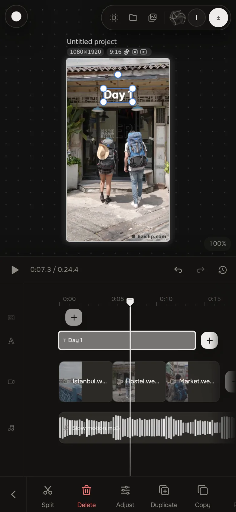 Eziclip Studio on a phone: a 9:16 travel edit with a Day 1 title on the board, three clips and music on the timeline, and the clip toolbar — Split, Delete, Adjust, Duplicate, Copy