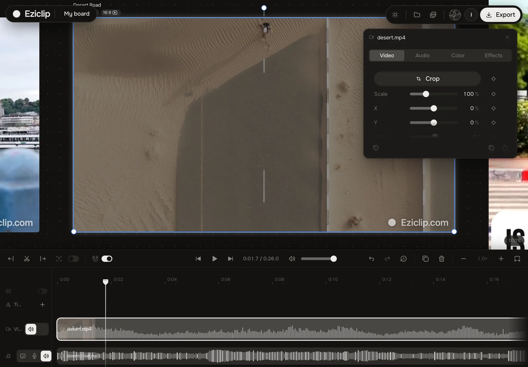 Eziclip Studio at tablet size: a desert road clip selected on the board, the properties panel with Video, Audio, Color and Effects tabs, and the timeline with the clip and a music track